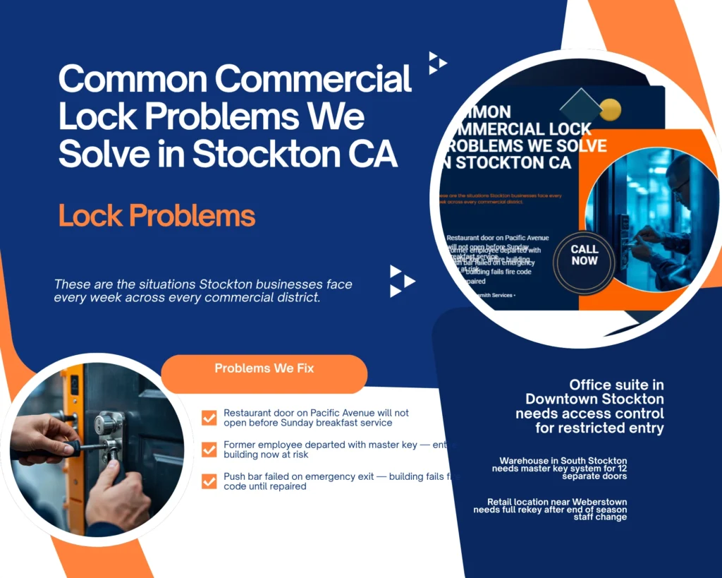 Business Locksmith Stockton CA — Office Lockouts, Master Keys and Access Control 8 Commercial Lock Problems Stockton CA — Business Lockout Issues