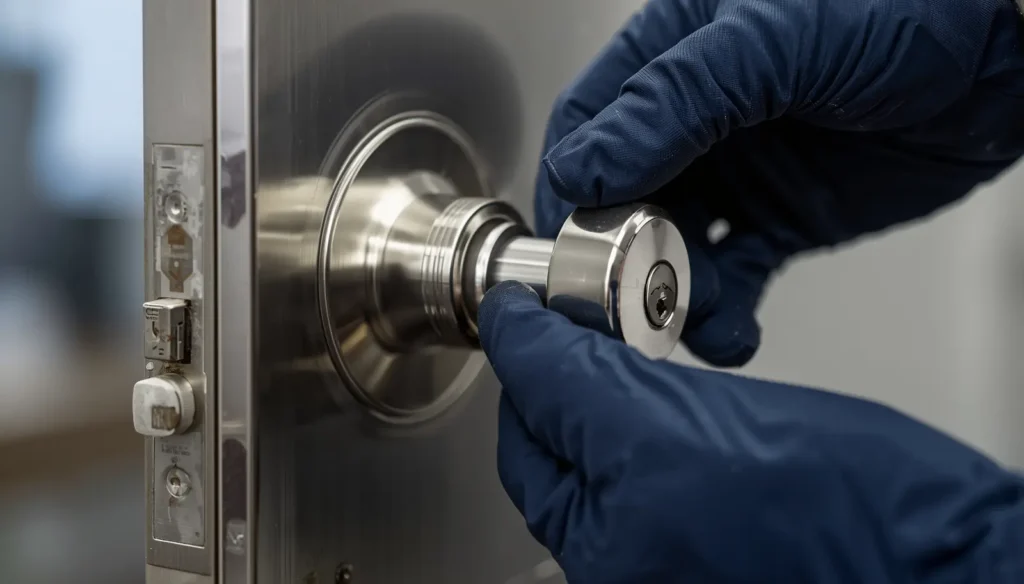 Business Locksmith Stockton CA — Office Lockouts, Master Keys and Access Control 1 Commercial deadbolt repair in Stockton CA by licensed locksmith